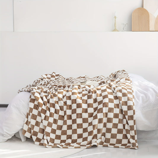 1pc Throw Blankets Flannel Blanket With Checkerboard Grid Pattern Soft Throw Blanket For Couch, Bed, Sofa Luxurious Warm And Cozy For All Seasons