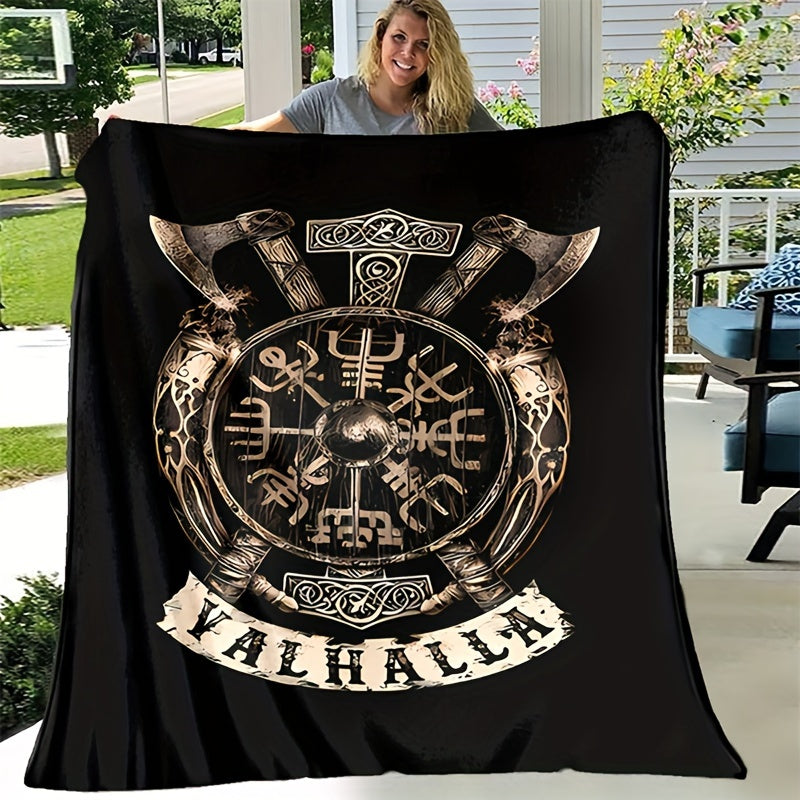 1pc Flanged Blanket, Retro Viking Logo Printing Blanket, Comfortable And Comfortable Blanket, For Camping Sofa Bed And Couch Office, Suitable For Gift Blankets In All Seasons