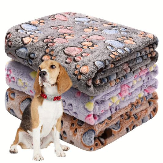 3-Piece Cozy Pet Blankets - Soft Coral Fleece and Flannel with Adorable Paw Prints, Suitable for All Seasons, Perfect for Dogs and Cats