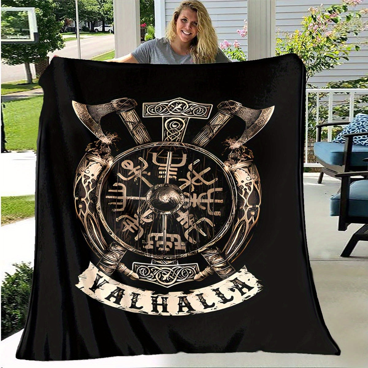 1pc Flanged Blanket, Retro Viking Logo Printing Blanket, Comfortable And Comfortable Blanket, For Camping Sofa Bed And Couch Office, Suitable For Gift Blankets In All Seasons