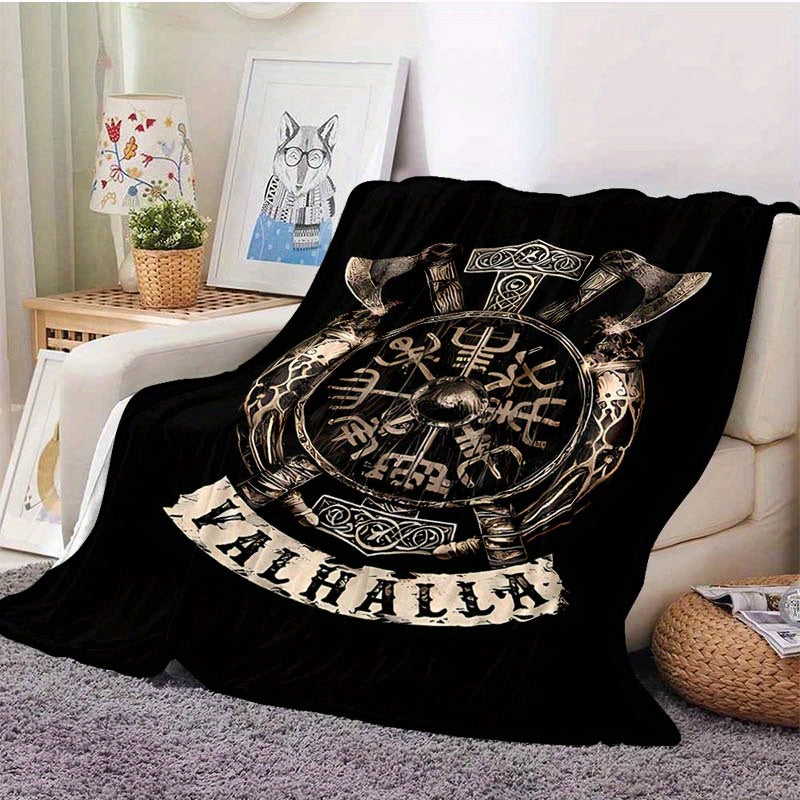1pc Flanged Blanket, Retro Viking Logo Printing Blanket, Comfortable And Comfortable Blanket, For Camping Sofa Bed And Couch Office, Suitable For Gift Blankets In All Seasons