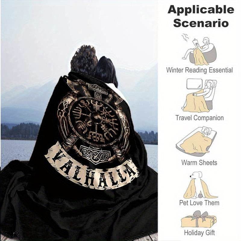 1pc Flanged Blanket, Retro Viking Logo Printing Blanket, Comfortable And Comfortable Blanket, For Camping Sofa Bed And Couch Office, Suitable For Gift Blankets In All Seasons