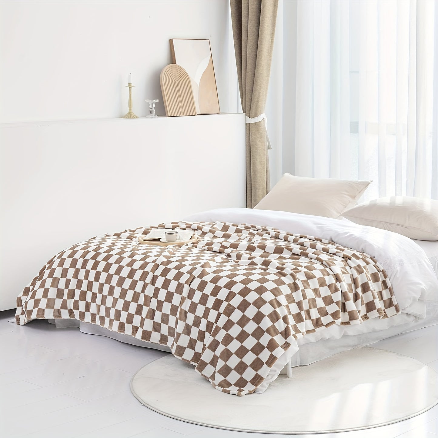 1pc Throw Blankets Flannel Blanket With Checkerboard Grid Pattern Soft Throw Blanket For Couch, Bed, Sofa Luxurious Warm And Cozy For All Seasons