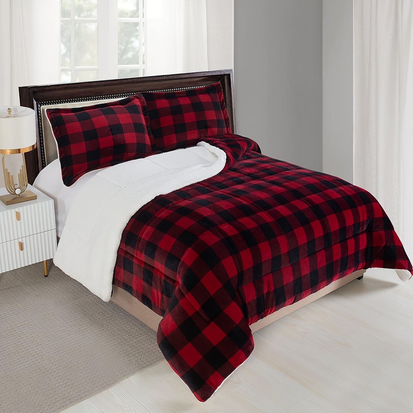 1pc Cozy Sherpa Fleece Buffalo Plaid Blanket - Sofa, Bed, And Outdoor Use - All-Season, Machine Washable, Soft Warm 4lbs, Weighted Blanket For Adults, Thickened Calm Blanket For Ultimate Comfort And Better Sleep, Heavy Weight