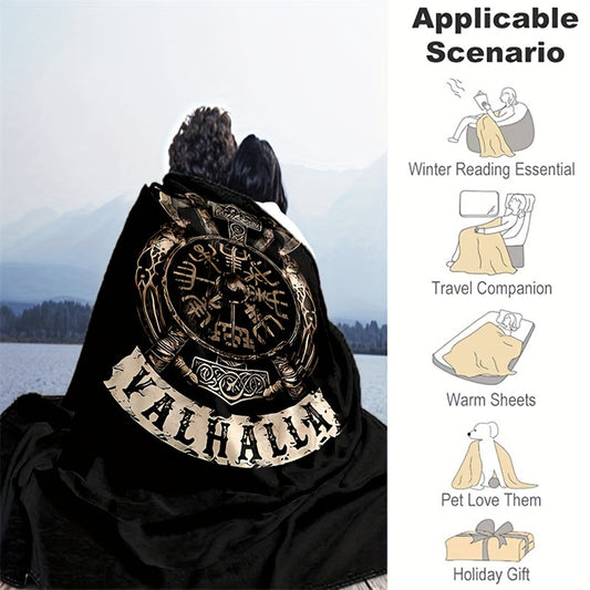 1pc Flanged Blanket, Retro Viking Logo Printing Blanket, Comfortable And Comfortable Blanket, For Camping Sofa Bed And Couch Office, Suitable For Gift Blankets In All Seasons