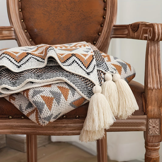1pc Soft & Cozy Bohemian Knit Fringe Blanket - Bed Blankets for All Season with Super Soft, Lightweight, Comfortable, and Decorative Features for Bed, Living Room, Chair, and Sofa - Perfect for Indoor and Outdoor Use