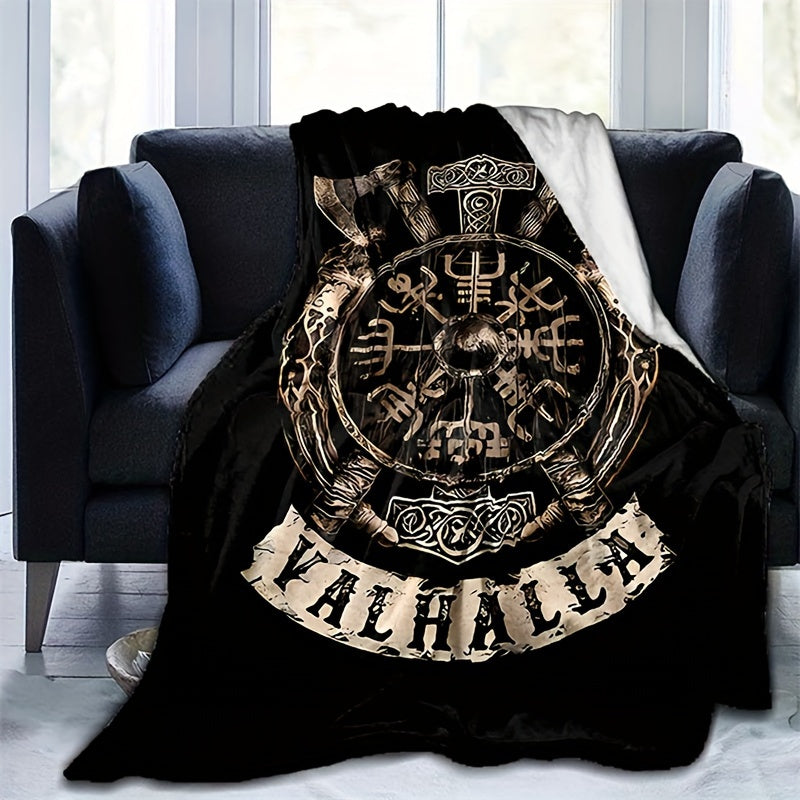 1pc Flanged Blanket, Retro Viking Logo Printing Blanket, Comfortable And Comfortable Blanket, For Camping Sofa Bed And Couch Office, Suitable For Gift Blankets In All Seasons