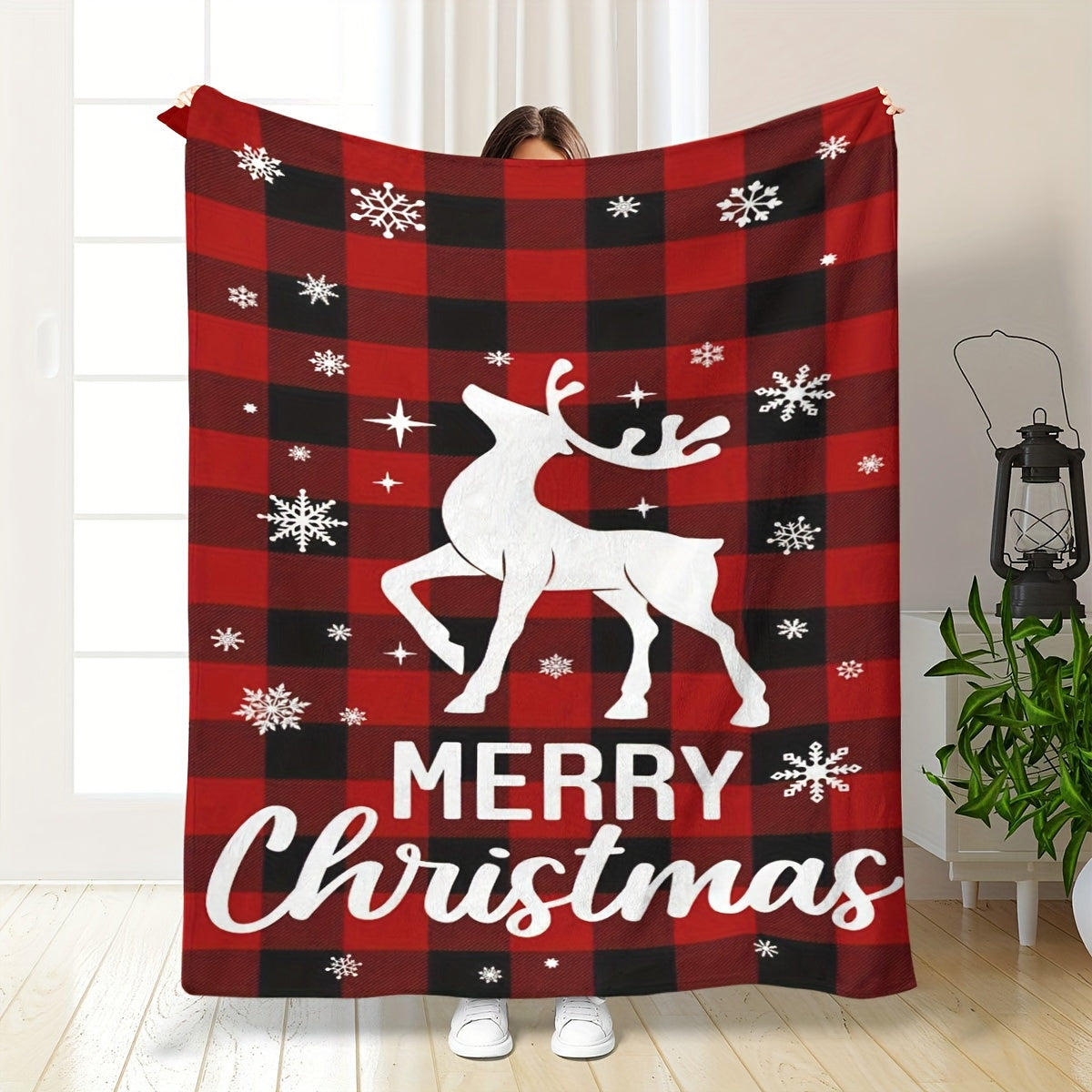 1pc Christmas Elk Blankets, Luxury Cozy Warm Flannel Fleece Throw Blanket, Black Bedspread For Couch Chair Bed Sofa Travel