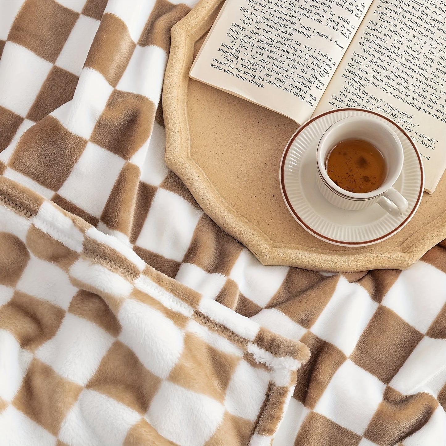 1pc Throw Blankets Flannel Blanket With Checkerboard Grid Pattern Soft Throw Blanket For Couch, Bed, Sofa Luxurious Warm And Cozy For All Seasons