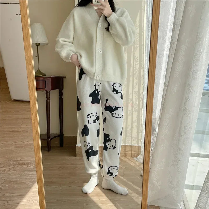 2024 Sanrio Hello Kitty Pajamas Halloween Flannel Fashion Trouserswomen Kawaii Woolen Anime Cartoon Casual Home Pants Autumn