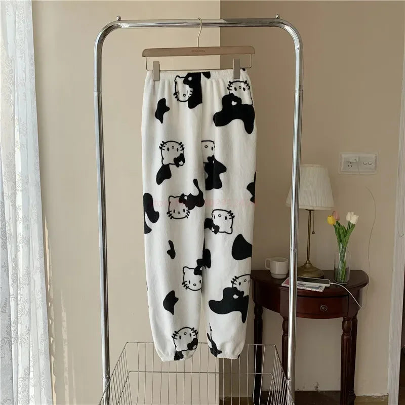 2024 Sanrio Hello Kitty Pajamas Halloween Flannel Fashion Trouserswomen Kawaii Woolen Anime Cartoon Casual Home Pants Autumn