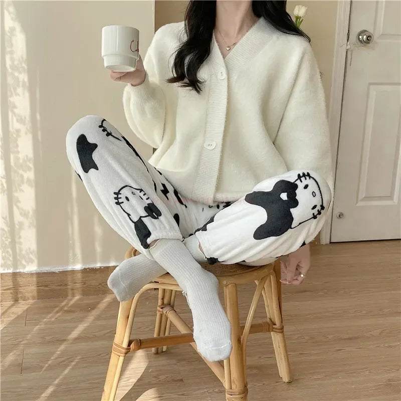 2024 Sanrio Hello Kitty Pajamas Halloween Flannel Fashion Trouserswomen Kawaii Woolen Anime Cartoon Casual Home Pants Autumn