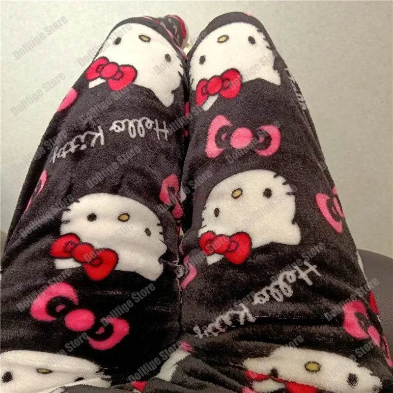 2024 Sanrio Hello Kitty Pajamas Halloween Flannel Fashion Trouserswomen Kawaii Woolen Anime Cartoon Casual Home Pants Autumn