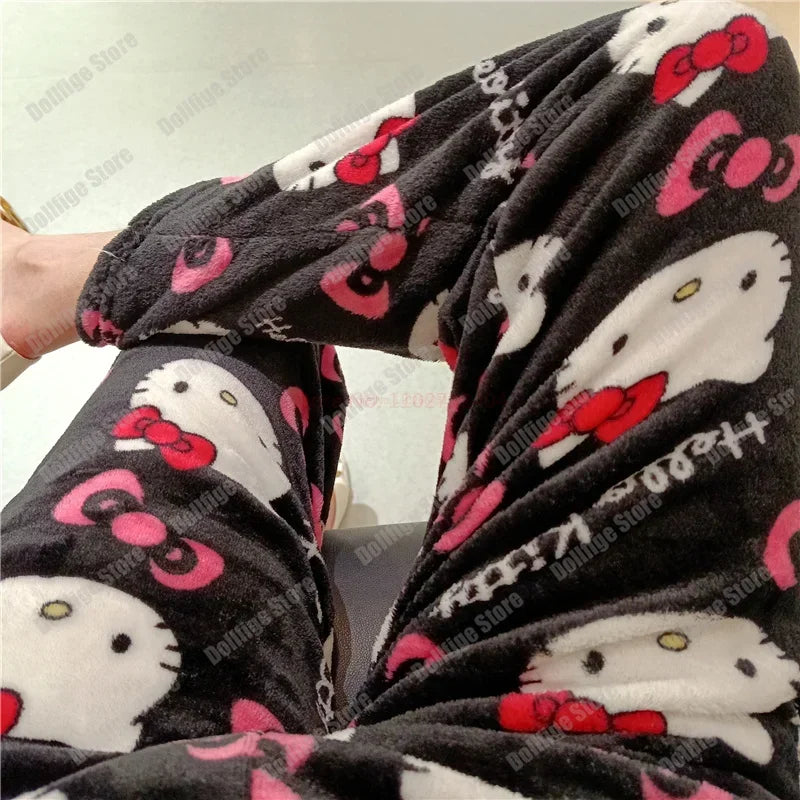 2024 Sanrio Hello Kitty Pajamas Halloween Flannel Fashion Trouserswomen Kawaii Woolen Anime Cartoon Casual Home Pants Autumn