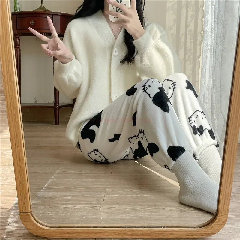 2024 Sanrio Hello Kitty Pajamas Halloween Flannel Fashion Trouserswomen Kawaii Woolen Anime Cartoon Casual Home Pants Autumn