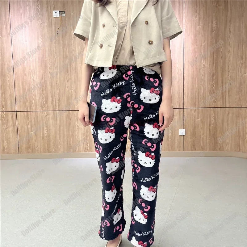 2024 Sanrio Hello Kitty Pajamas Halloween Flannel Fashion Trouserswomen Kawaii Woolen Anime Cartoon Casual Home Pants Autumn