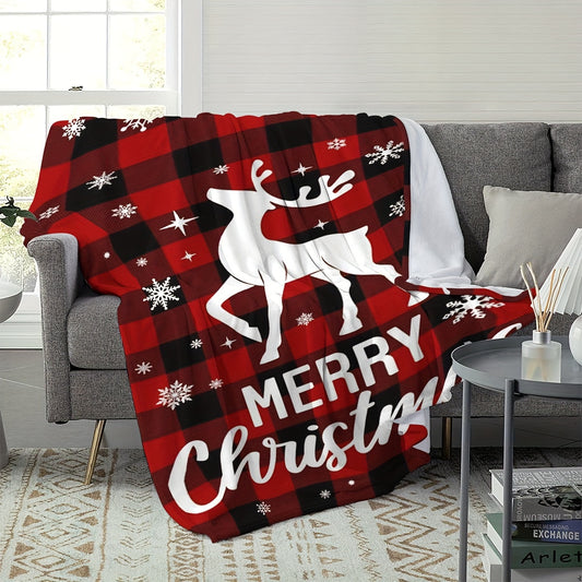 1pc Christmas Elk Blankets, Luxury Cozy Warm Flannel Fleece Throw Blanket, Black Bedspread For Couch Chair Bed Sofa Travel