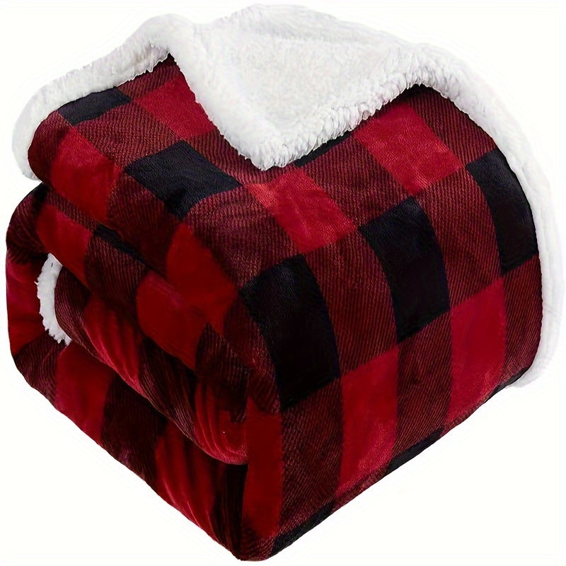 1pc Cozy Sherpa Fleece Buffalo Plaid Blanket - Sofa, Bed, And Outdoor Use - All-Season, Machine Washable, Soft Warm 4lbs, Weighted Blanket For Adults, Thickened Calm Blanket For Ultimate Comfort And Better Sleep, Heavy Weight