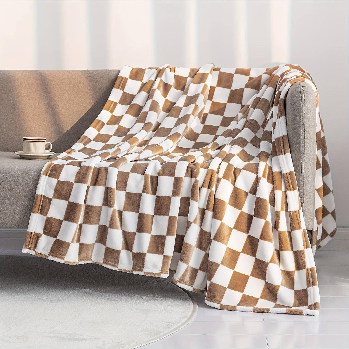 1pc Throw Blankets Flannel Blanket With Checkerboard Grid Pattern Soft Throw Blanket For Couch, Bed, Sofa Luxurious Warm And Cozy For All Seasons